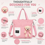 BROGBUS Canvas Tote Bag for Women with Teddy Bear Charm, 3-Way Convertible Crossbody Shoulder Handbag, Adjustable Sling Strap, Zipper Closure, College Travel Shopping Bag, Pink, 34 x 33 cm