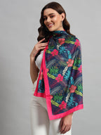 Ravaiyaa - Attitude is everything Women Lightweight Printed 100% Satin Silk Scarf Stoles Breathable Neckerchief Head Beach Wrap Scarves (Blue Pink Floral, 70 x 20 Inch)