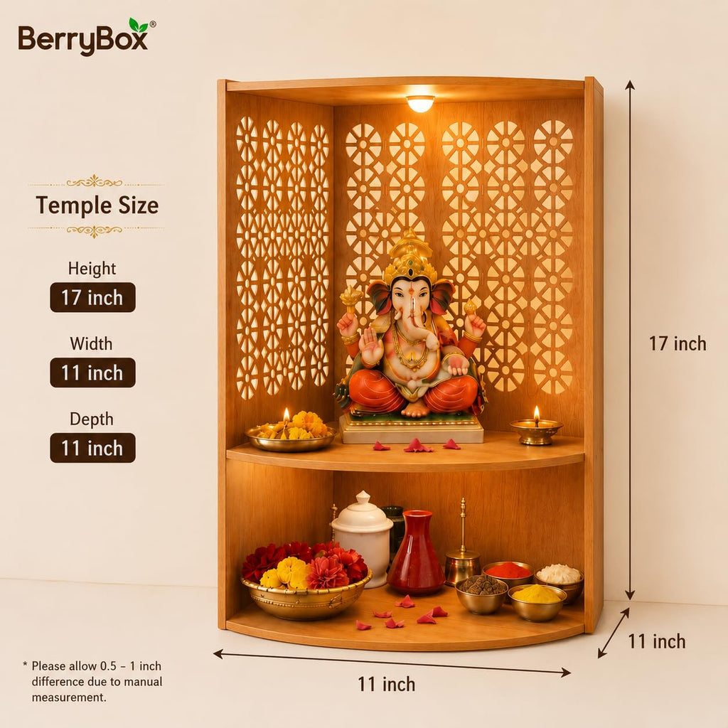 Fliptic Corner Pooja Mandir for Home & Office with LED Light | Wall Mounted Temple for Corner | Advance Laminate MDF Wooden Devghar in Bavarian Beach Finish | DIY Mandir for Living Room & Prayer Room