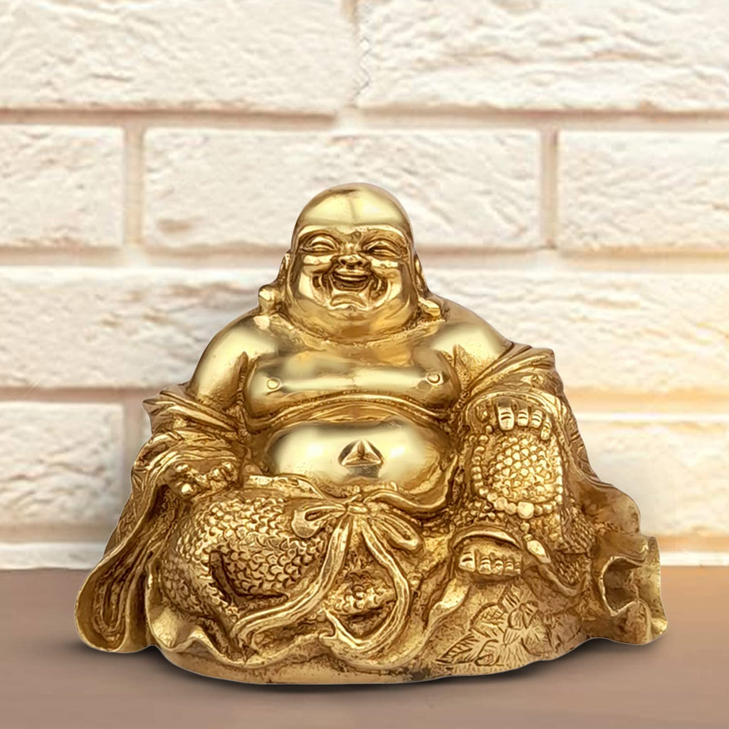 ARTVARKO Feng Shui Happy Man Laughing Buddha Sitting Brass Statue Idol for Attracting Money Wealth Prosperity Financial Good Luck.
