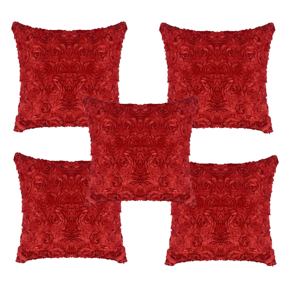JDX Desighner Floral Style Cushion Cover Set for Living Room and Sofa, 8048_Red,Velvet,250 TC