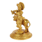 ARTVARKO Brass Krishna Playing Flute with Cow Idol Sculpture Home Decor for Living Room Pooja Gift Item (LxBxH 5x5x7.5 Inch 2 Kg)