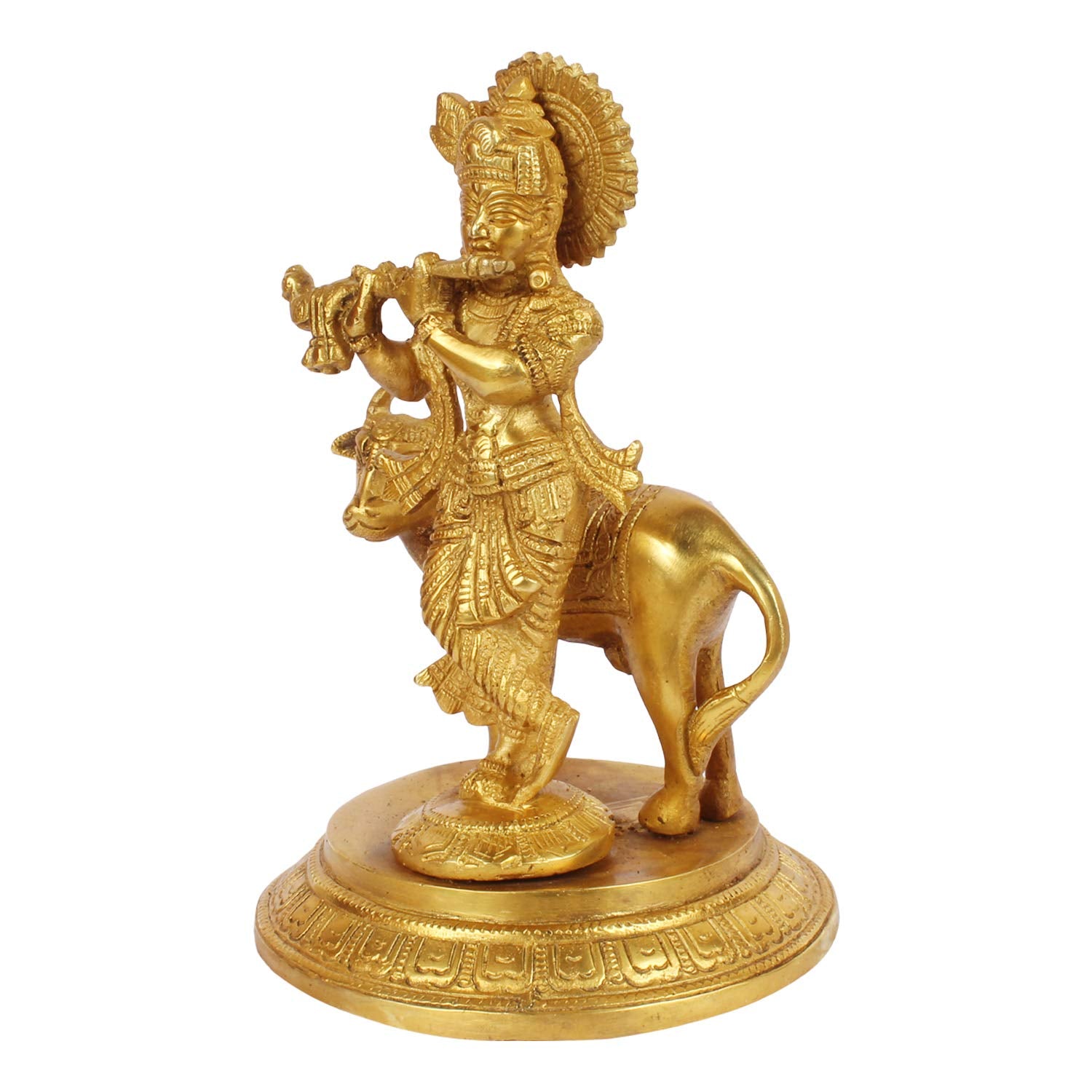 ARTVARKO Brass Krishna Playing Flute with Cow Idol Sculpture Home Decor for Living Room Pooja Gift Item (LxBxH 5x5x7.5 Inch 2 Kg)