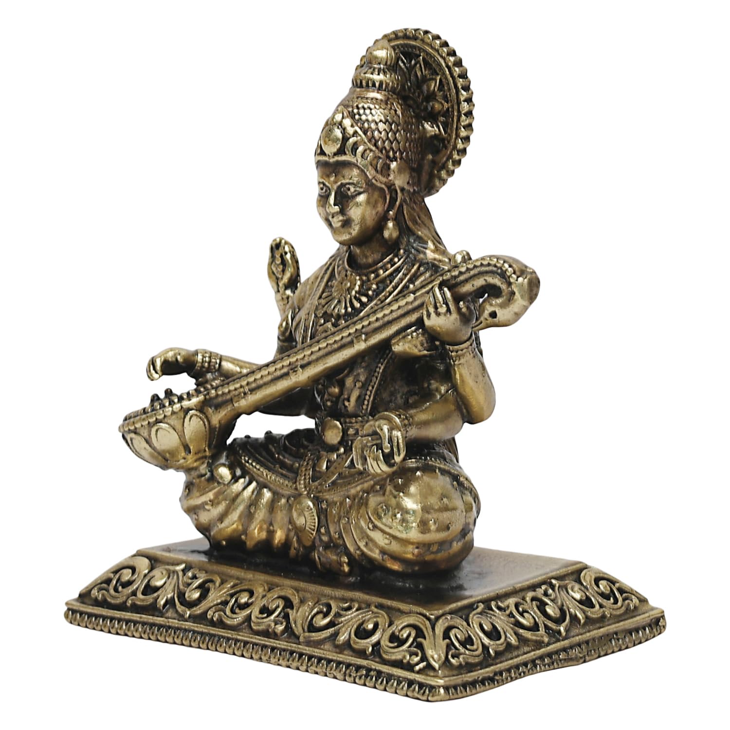 ARTVARKO Brass Superfine Sarasvati Goddess Maa Saraswati Education Study Vidya Devi Idol Puja Knowledge Music & Art Religious Murti 3 Inch