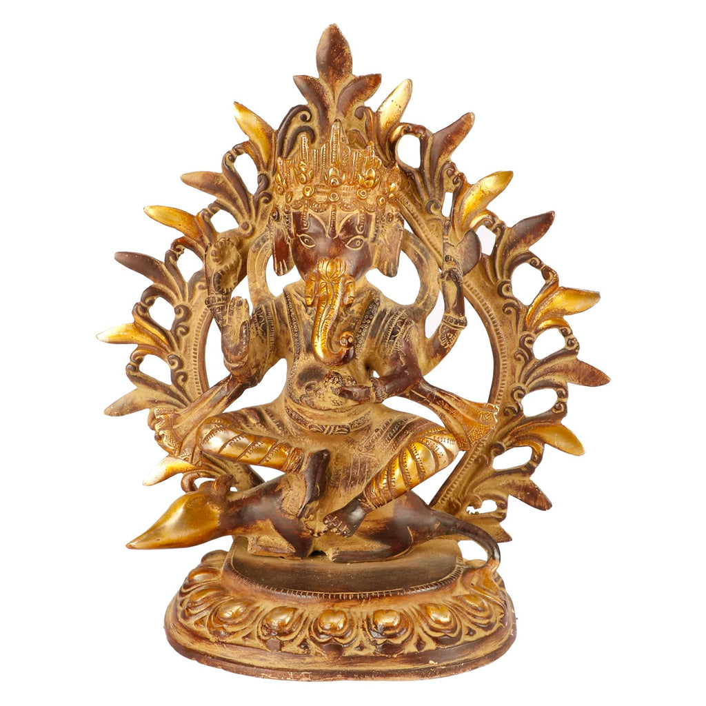 ARTVARKO Antique Brass Lord Ganesha Bhagwan Idol Ganpati Sitting on Mooshak Rat Sawari Copper Brown Color 11.5 Inch.