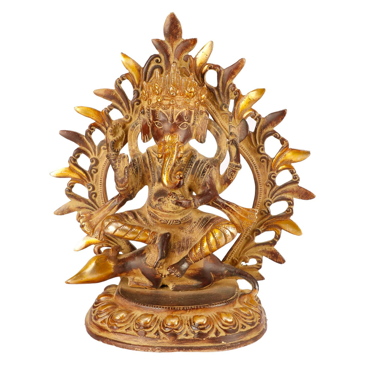 ARTVARKO Antique Brass Lord Ganesha Bhagwan Idol Ganpati Sitting on Mooshak Rat Sawari Copper Brown Color 11.5 Inch.