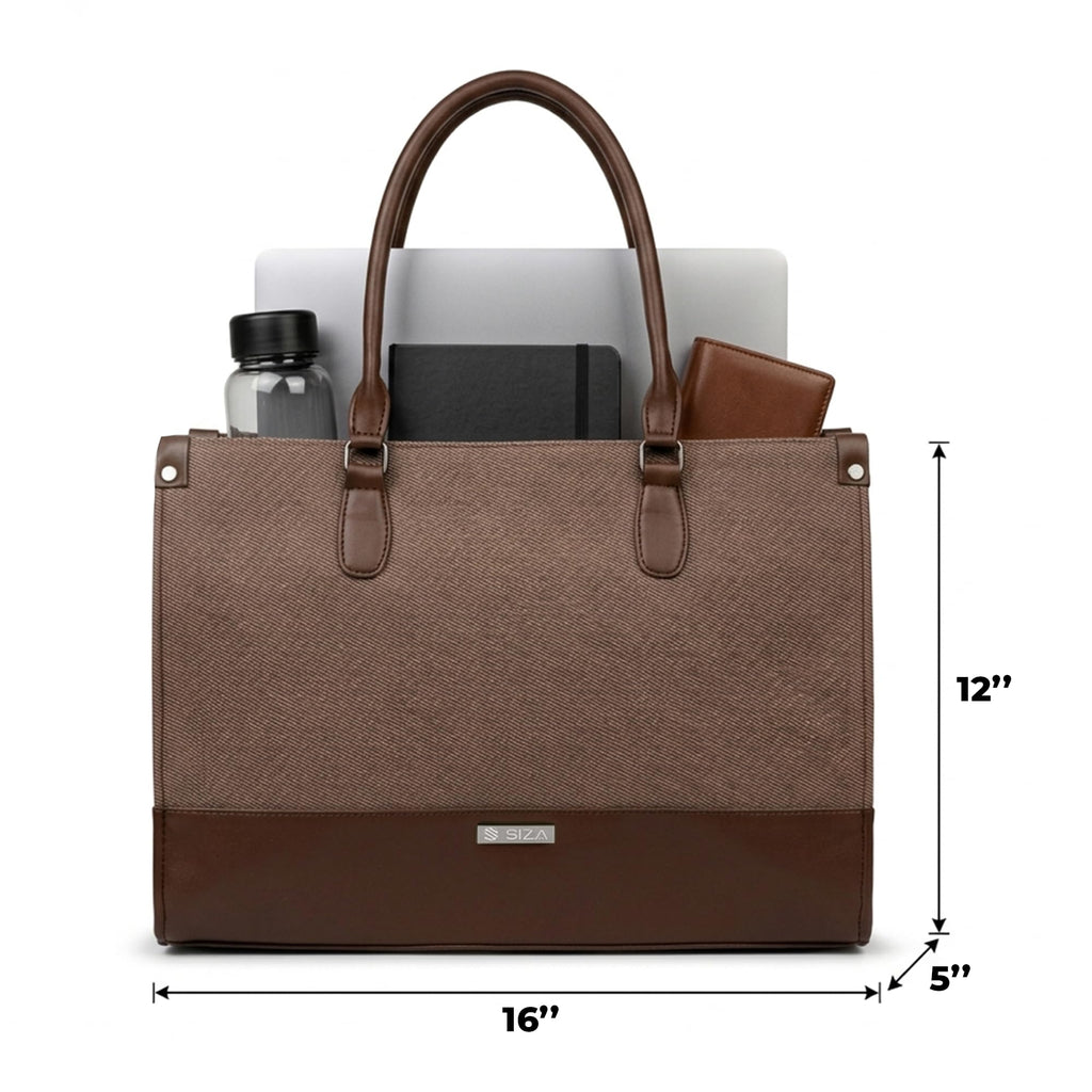 Siza Women's Tote Bag with Laptop Compartment, PU Leather Handbag for Ladies, Large Office Shoulder Bag with Detachable Strap for Work, College, Travel & Daily Use, Dark Brown