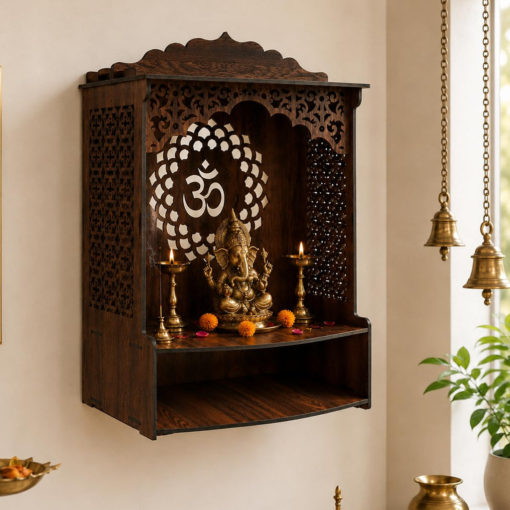 The Castle Decor Wooden Mandir for Home, Wall Hanging & Tabletop Pooja Temple with Ganesha Cutwork, 2-Tier Storage Shelf, MDF Mandir for Pooja Room, Office, Hostel, 13 x 15 x 8 Inch (Design-8)