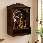 The Castle Decor Wooden Mandir for Home, Wall Hanging & Tabletop Pooja Temple with Ganesha Cutwork, 2-Tier Storage Shelf, MDF Mandir for Pooja Room, Office, Hostel, 13 x 15 x 8 Inch (Design-8)
