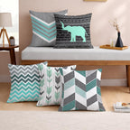 STITCHNEST Set of 5 Teal Tribal Harmony Collection Printed Jute Cushion Covers 16x16 Inches | Decorative Throw Pillow Covers for Sofa, Living Room, Bedroom | Perfect for Home Decor
