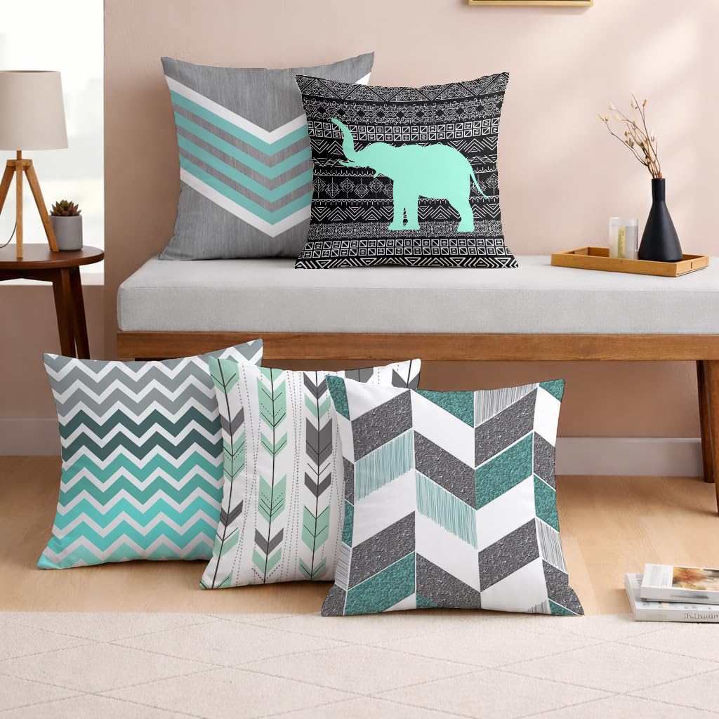 STITCHNEST Set of 5 Teal Tribal Harmony Collection Printed Jute Cushion Covers 16x16 Inches | Decorative Throw Pillow Covers for Sofa, Living Room, Bedroom | Perfect for Home Decor