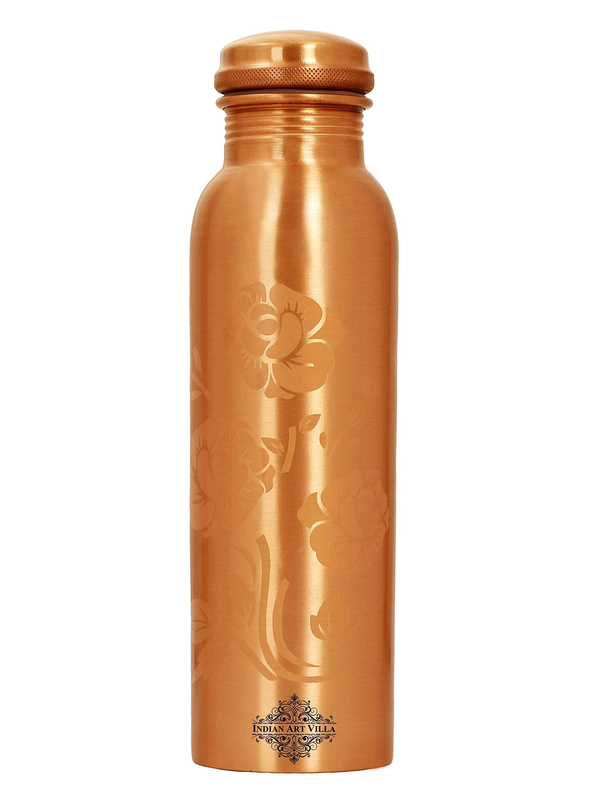 INDIAN ART VILLA Pure Copper Water Bottle With Colour Changing Magical Floral Rose Design, Drinkware & Storage Purpose, Ayurvedic Health Benefits, Volume-900 ml