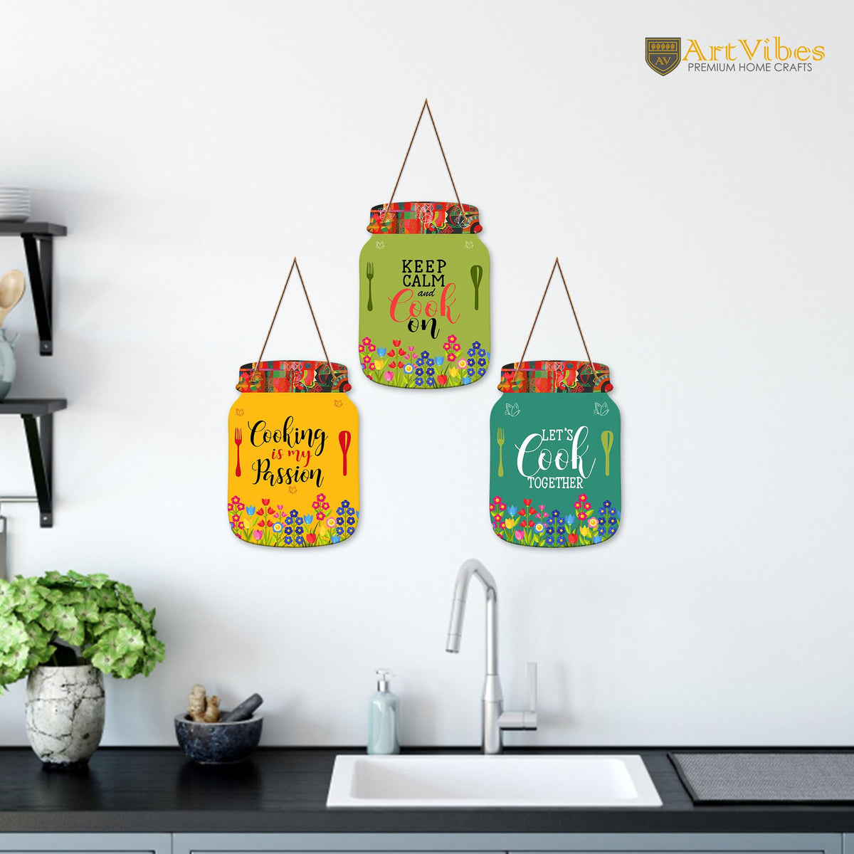 Artvibes Let's Cook Together Quote Wall Decoration Items for Kitchen | Cafe | Restaurant | Quotes Decor Item | Printed Wall Decoration | Kitchen Quotes Decor Item | Wall Poster (WH_8918N), Set of 3