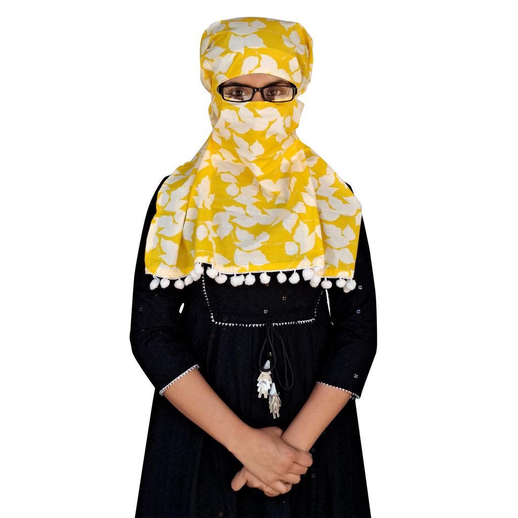Switchon Pure Cotton Innovative scarf Hijab for Women with closer 3 inch Hook and Loop Tape for size adjustment for 12 yrs and above (Yellow_White)