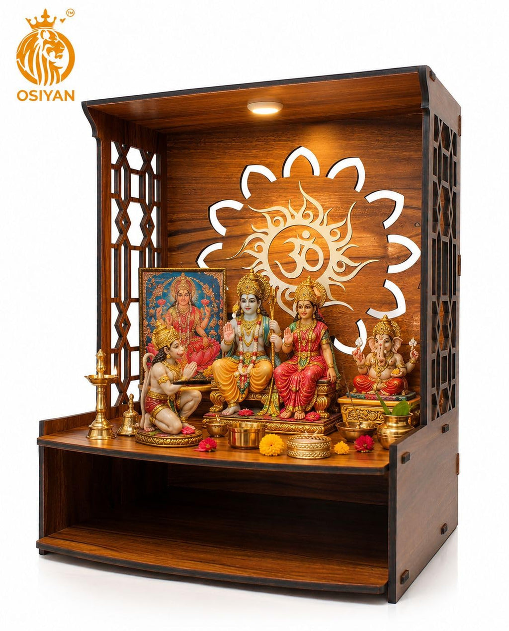 OSIYAN Wooden Temple for Home Wall Mounted with LED Light | Premium MDF Pooja Mandir for Home | Modern Decorative Mandir with Om Design & Storage Shelf | Brown Wooden Mini Temple for Home Decor