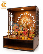 OSIYAN Wooden Temple for Home Wall Mounted with LED Light | Premium MDF Pooja Mandir for Home | Modern Decorative Mandir with Om Design & Storage Shelf | Brown Wooden Mini Temple for Home Decor