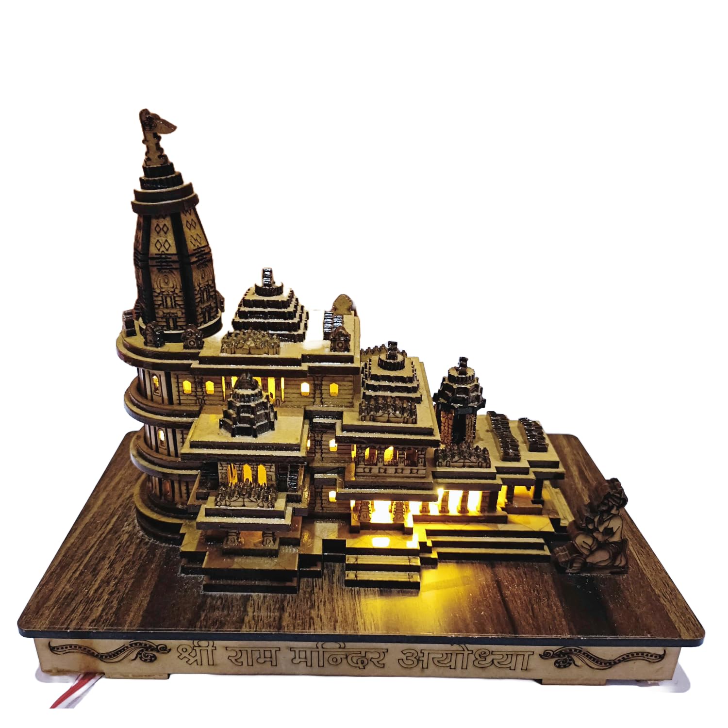 ALILA Shri Ram 3D Wooden Mandir Ayodhya Model with LED Lights for Home Temple Pooja Decor Decoration Gifts, 8 Inch Length / 6.5 Inch Height