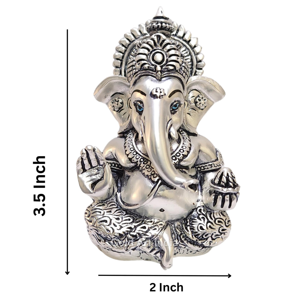 Gold Art India 999 Matte Silver Plated Antique Mukut Ganesha - 3.5 - Perfect for Gifting, Home Decor, Car Dashboard Murti Ganpati Idol for Home Decor Puja Statue Gift for Office Desk Puja Room, God