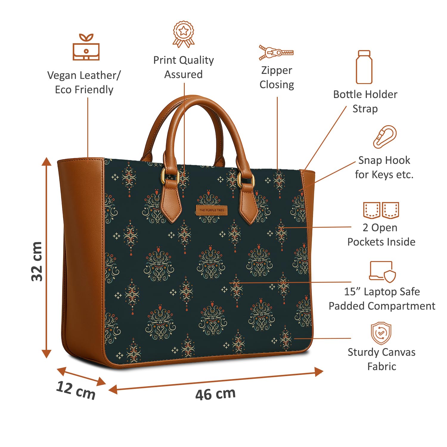 The Purple Tree Women's Office Essential Bag | Vegan Leather Handbag with Laptop Compartment | Spacious Office Bag | Durable Non-Fade Designer Tote for Travel, College & Daily Use (Emerald Royale)