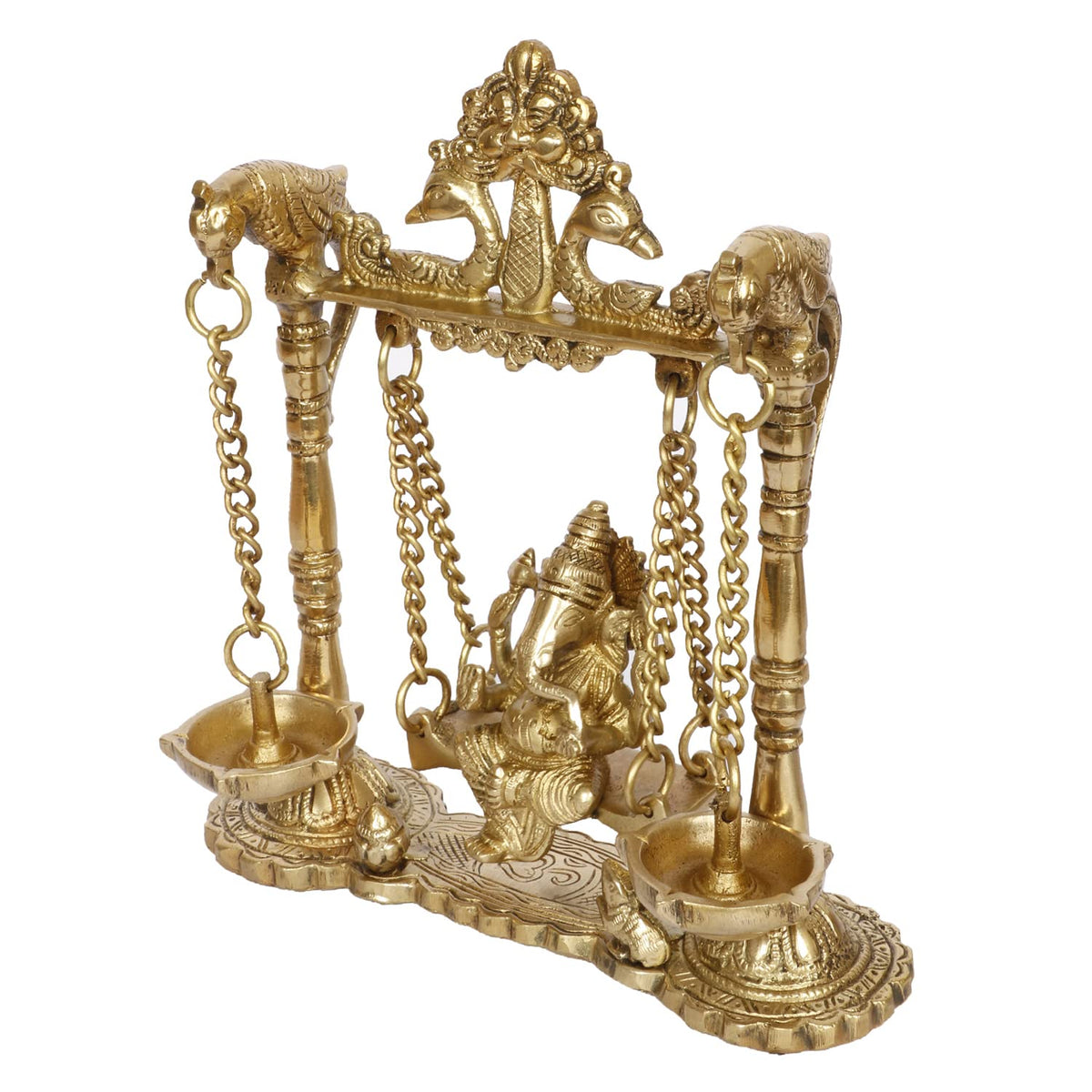 ARTVARKO Brass Ganesh Jhula with Diya Hanging Ganesha Swing Statue Ganpati Jhoola Kirtimukha Idol Murti for Home Décor Office Mandir Gift 9 Inch