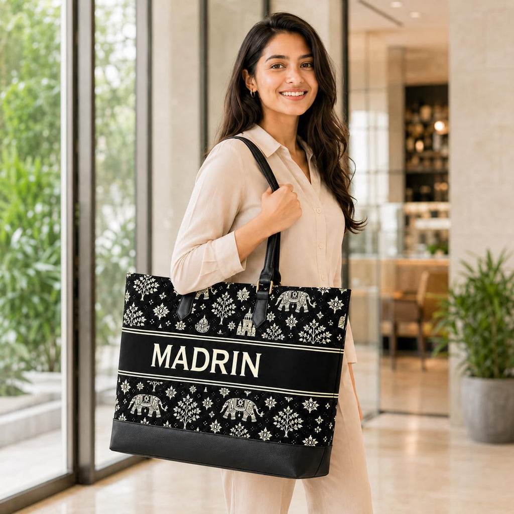 MADRIN Women’s Tote Bag for Office & Daily Use, Ethnic Printed Handbag with Premium Handles, Spacious Shoulder Bag for Women (1, Black)