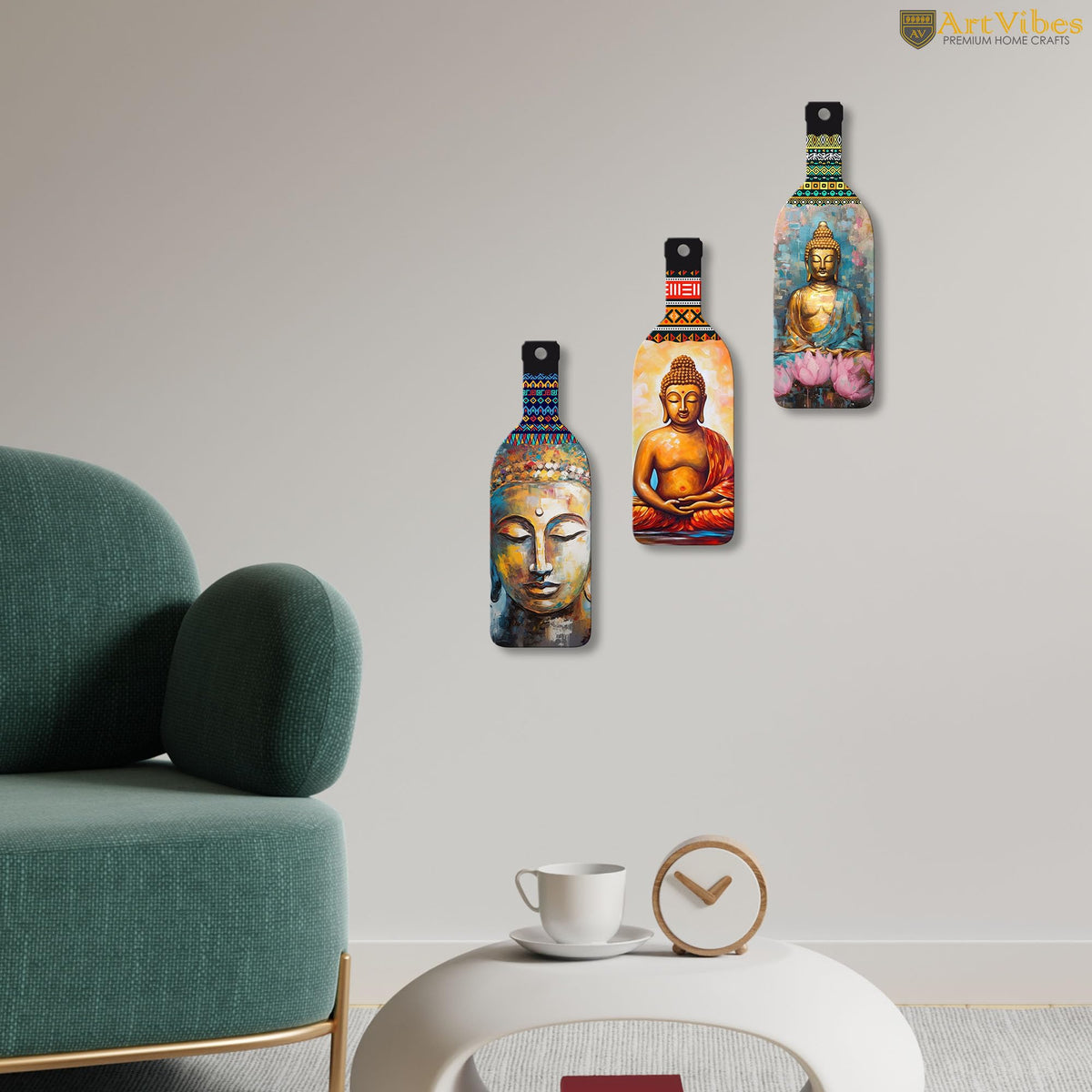 Artvibes Meditating Gautam Buddha Bottle shaped Wooden Wall Hanging | Spiritual Decor Items | Wall Art Painting For Hall | Wall Paintings | Handcrafted Art | Poster | Gift Items (WH_9507N), Set of 3