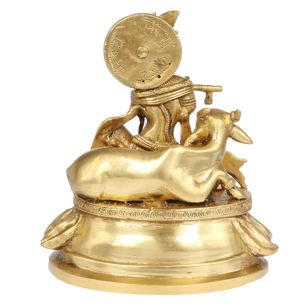 Svarup Brass Shri Krishna Idol with Cow Kishan Bhagwan Murti Lord Krishna Cow Statue with Flute Big Size Height 8.5 Inch Weight 3.3 Kg Color Gold