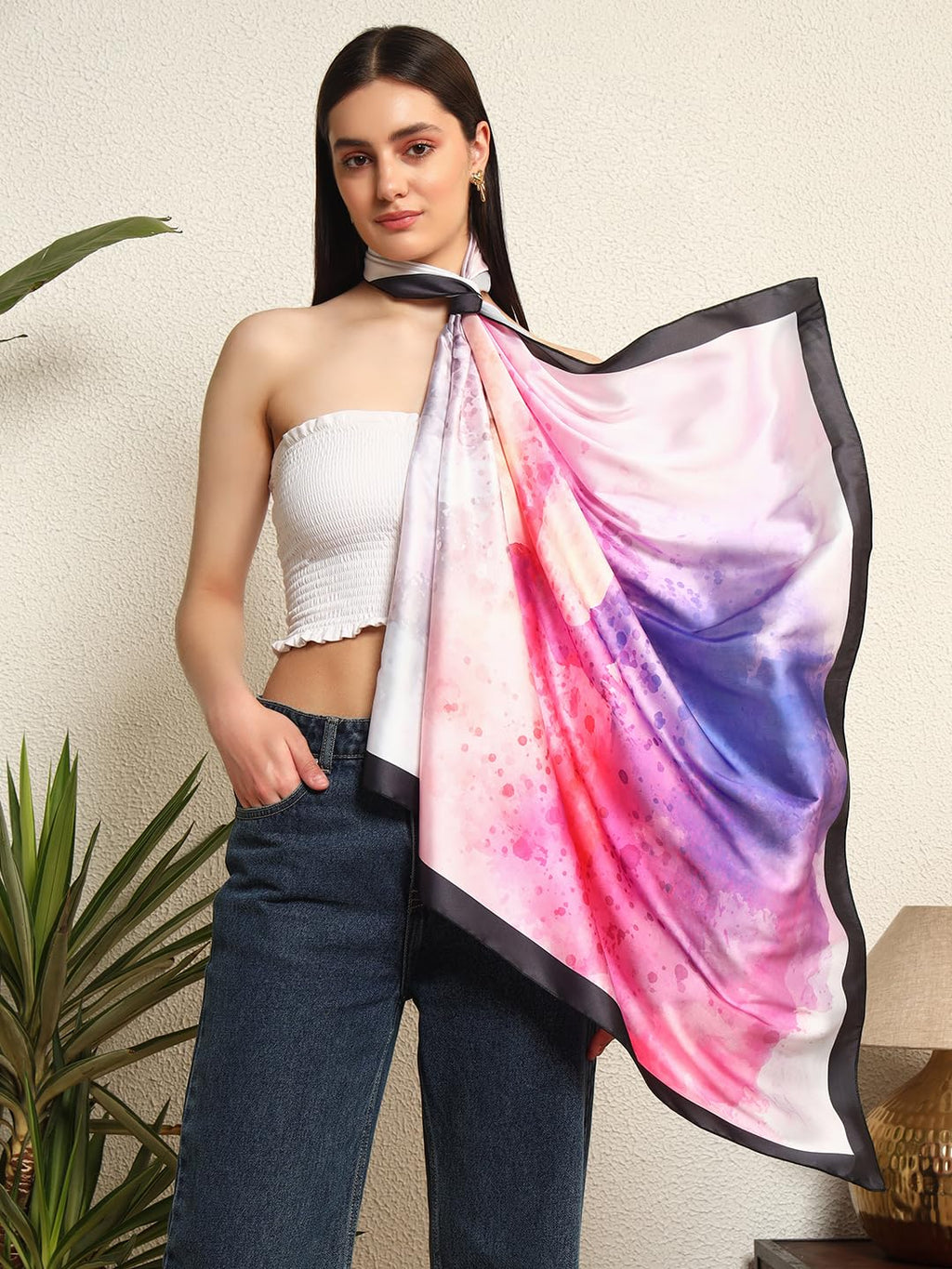 Ravaiyaa - Attitude is everything Women's Crepe Silk Digital Print Large Square Scarf Breathable Lightweight Neckerchief Printed Headscarf 40 x 40 Inch (Purple & Pink Yoga)