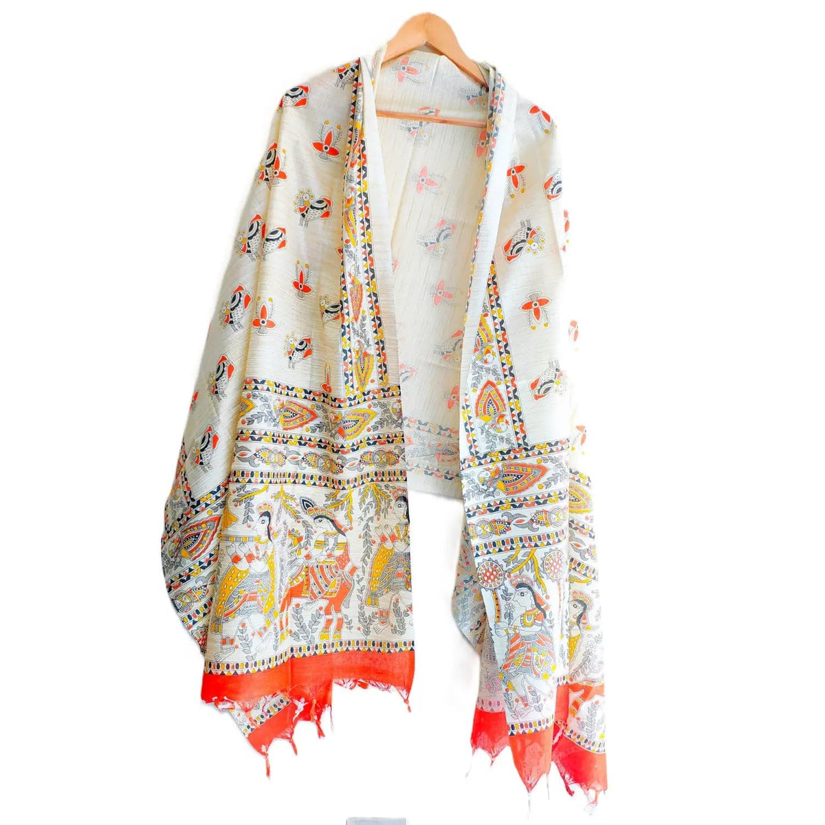 India Scarves Orange Madhubani Art Printed Cotton Silk Dupatta