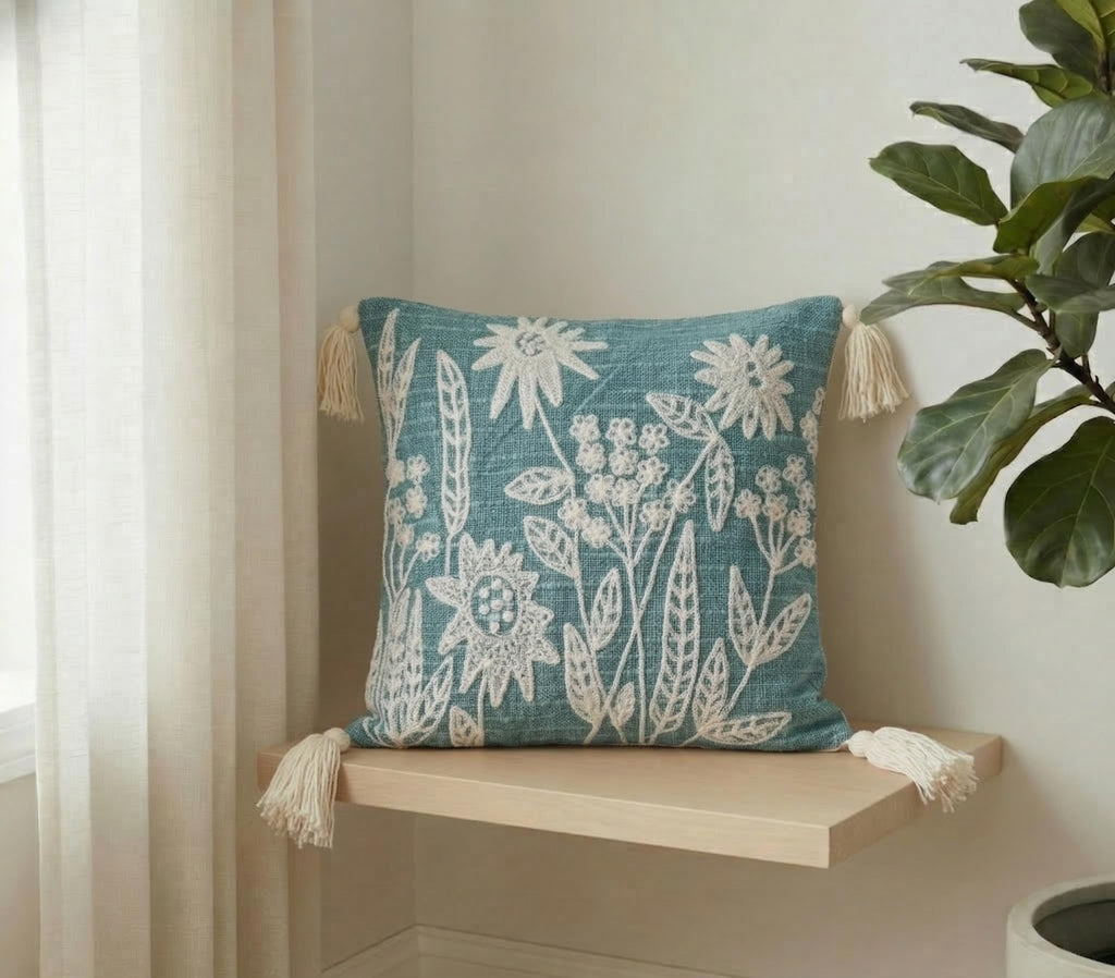 Furnistitchs Handmade Tufted Boho Cushion Covers 12x12 Inches | Embroidered Sofa Pillow Cases | Rustic Bohemian Decorative Throw Cushions for Couch Bedroom Living Room (1, Green Florets)