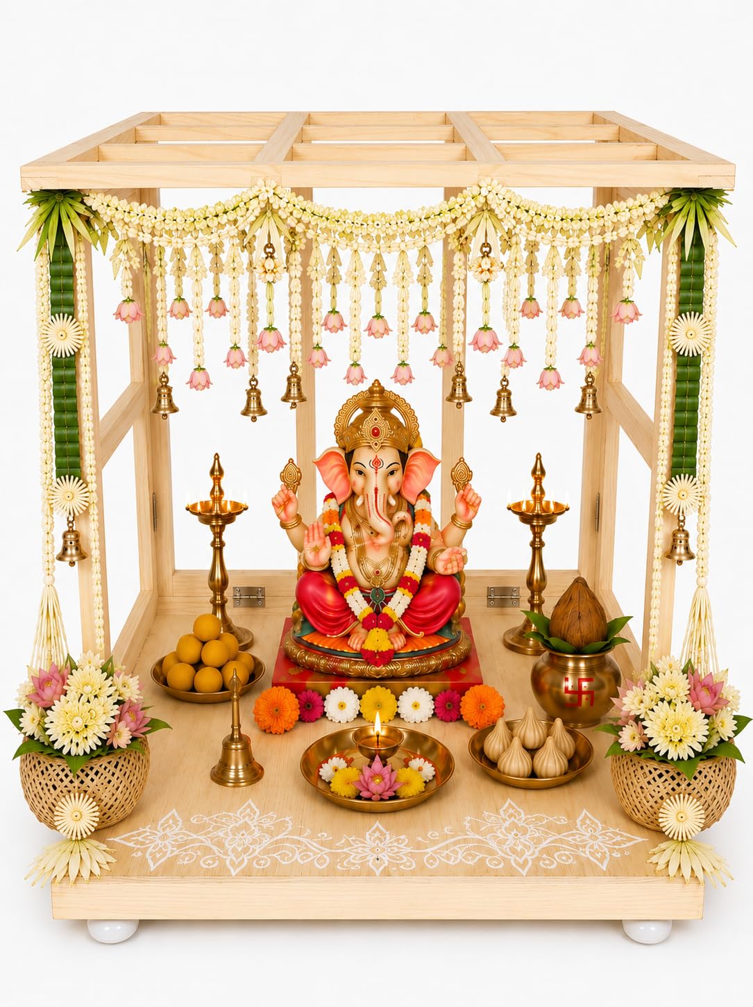 Timberz Wooden Pooja Mandap for Ganesh Chaturthi & Navaratri | Foldable Festival Backdrop | Mahakar Mandir for Home & Office