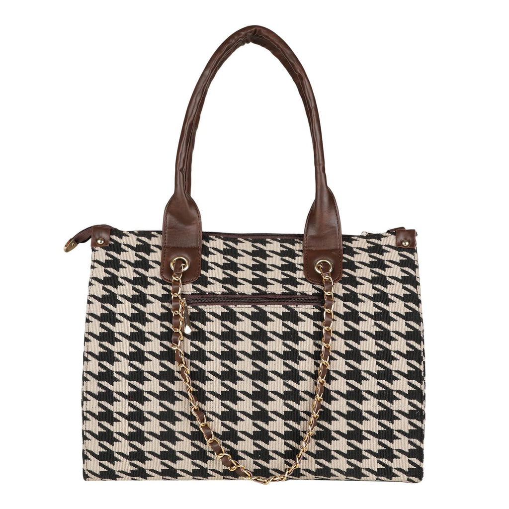 MINI WESST Women's Printed Synthetic Leather Tote Bag for Office, College and Party (Black) (Brown Black check)