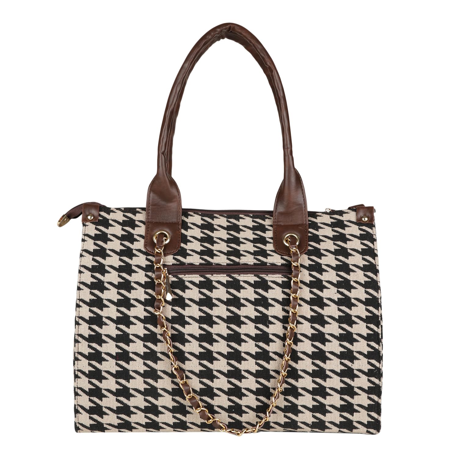 MINI WESST Women's Printed Synthetic Leather Tote Bag for Office, College and Party (Black) (Brown Black check)