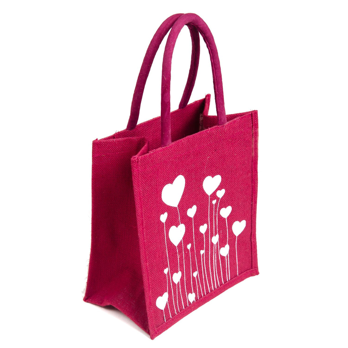 H&B Eco-Friendly Jute Bag for Women & Girls – Maroon Tote with White Heart Print | Reusable, Lightweight, Stylish Shopping & Gifting Bag Size:11x10x6 in
