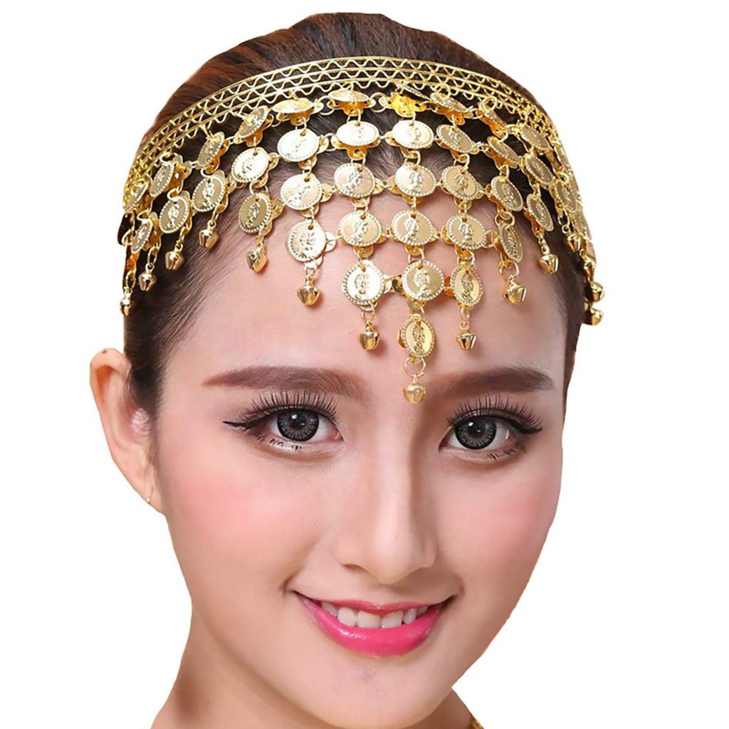 VRITRAZ Women's Chiffon Belly Dance 50 Coin Headband, Wrist Band, Face Veil And Metal Hip Scarf (Gold)