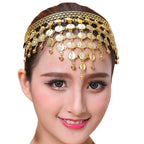 VRITRAZ Women's Chiffon Belly Dance 50 Coin Headband, Wrist Band, Face Veil And Metal Hip Scarf (Gold)