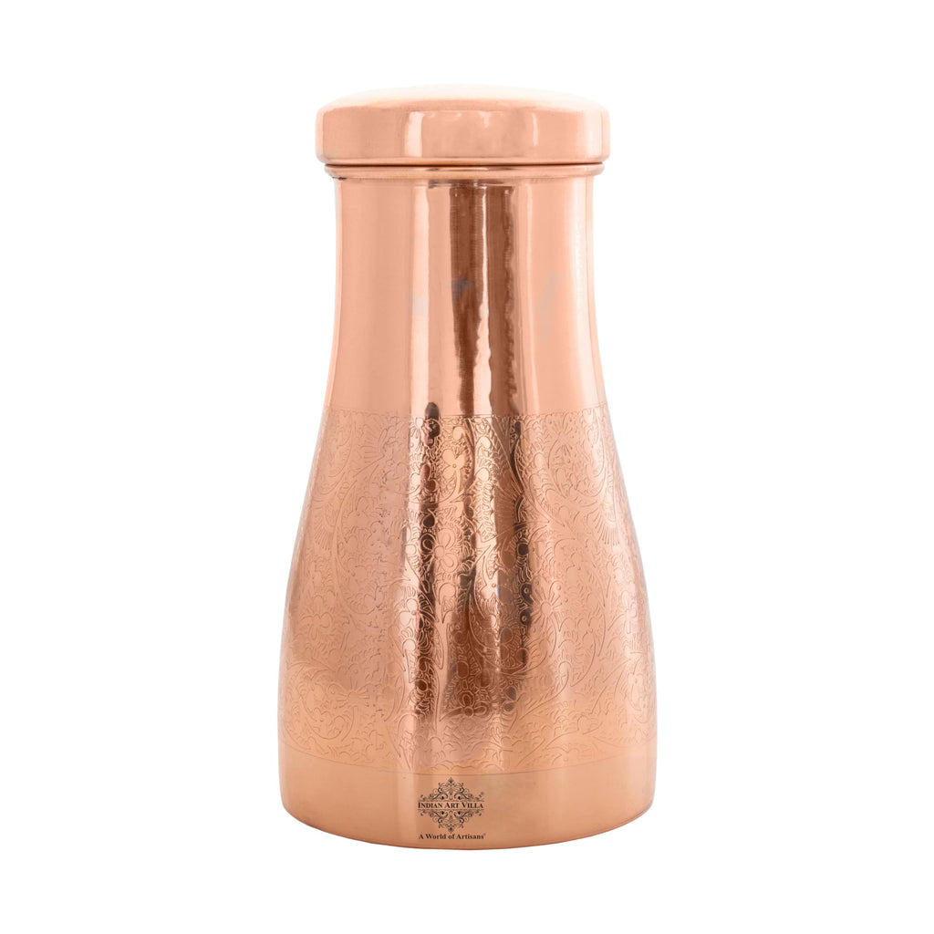 INDIAN ART VILLA Pure Copper Embossed Design Bedroom Water Bottle with Inbuilt Glass, Bottle for Storage Purposes, Drinkware, 950 ml- Set of 1
