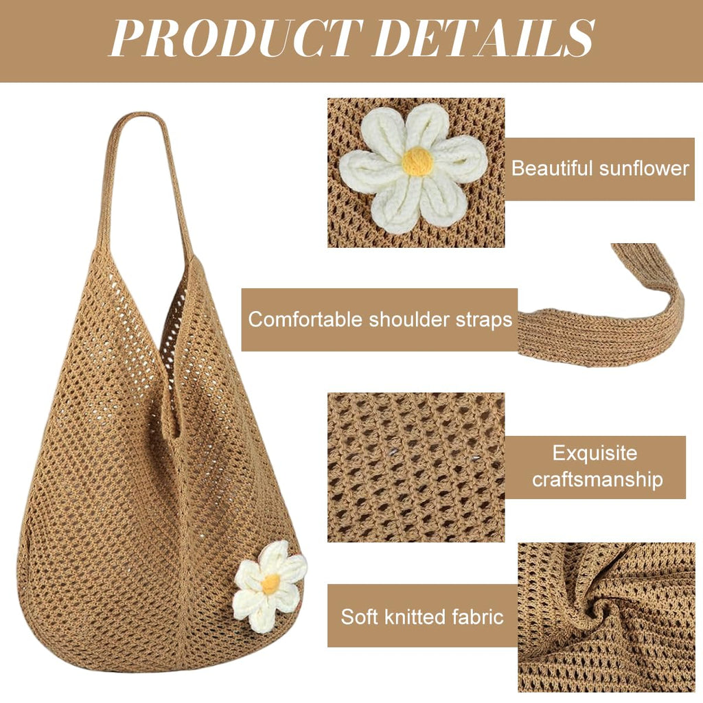 PALAY® Tote Bag for Woman Crochet Mesh Beach Shoulder Bags with Flower Brooch Summer Vacation Knitted Bag for Women Shoulder