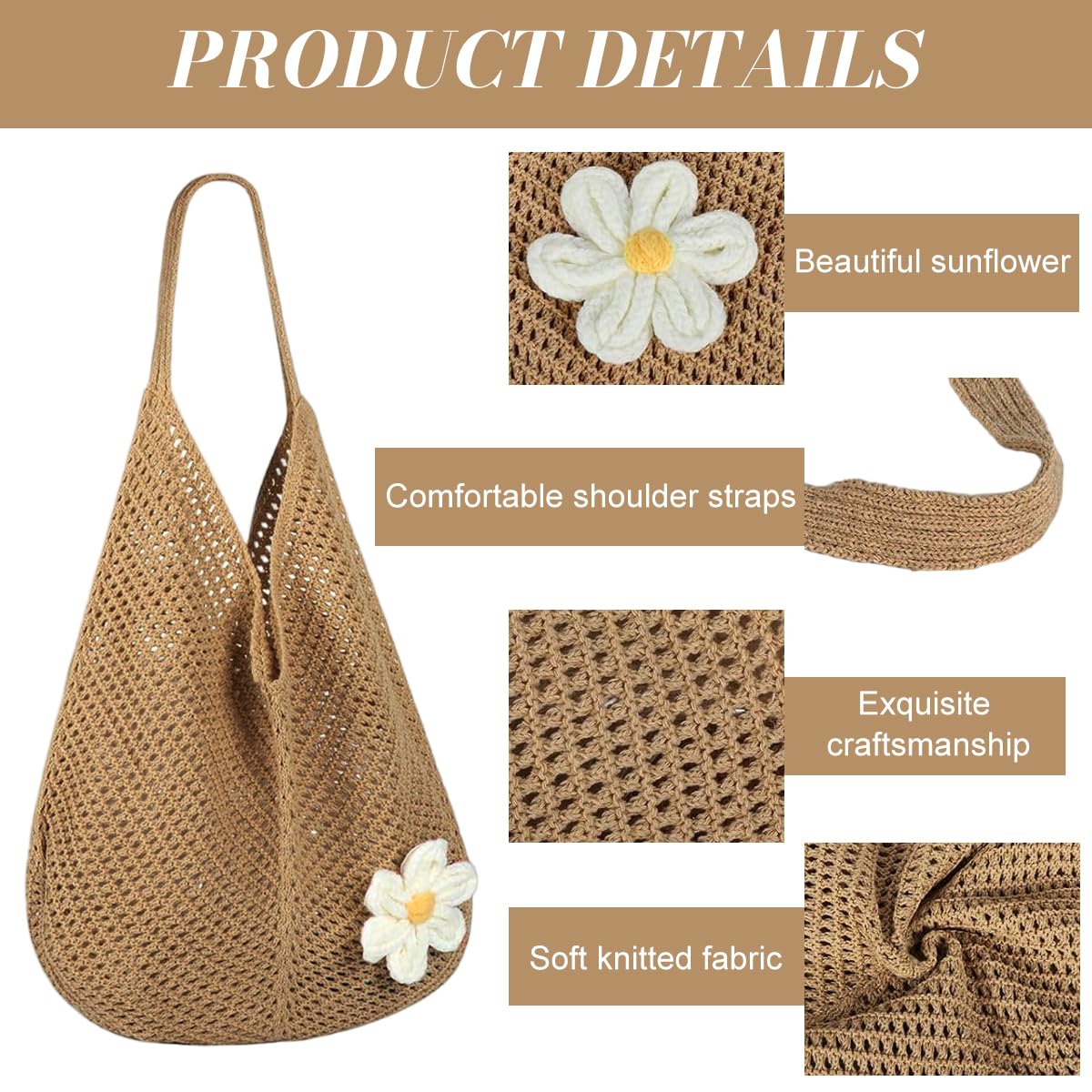 PALAY® Tote Bag for Woman Crochet Mesh Beach Shoulder Bags with Flower Brooch Summer Vacation Knitted Bag for Women Shoulder
