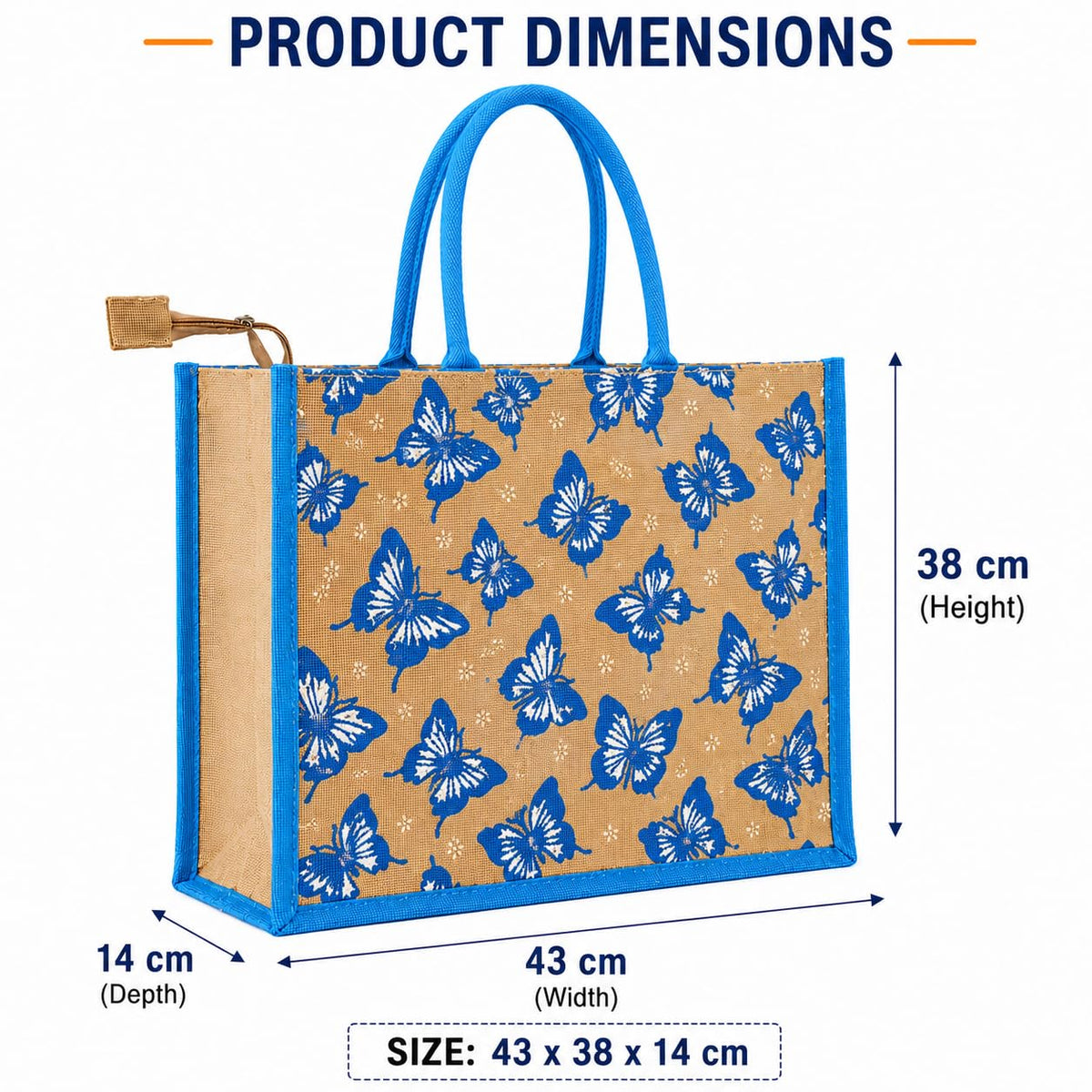 Blue Butterfly Print Jute Tote Bag for Women | jute hand bag | Reusable Shopping Bag with Zip Closure & Inner Pocket | Eco-Friendly Grocery, Office & Travel Handbag | 43 x 38 x 14 cm