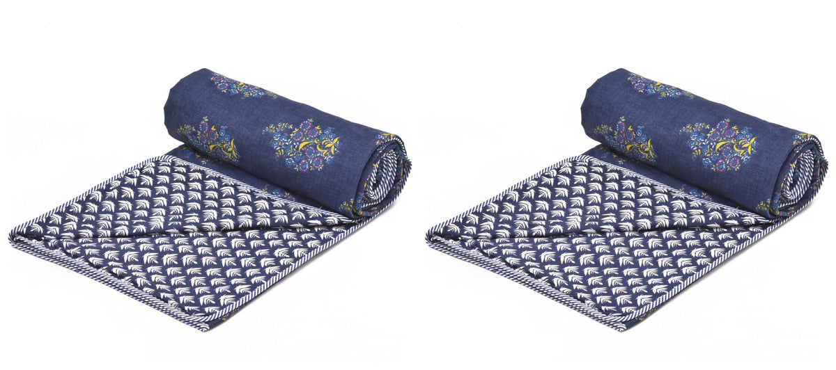 COZY FURNISH Super Soft Brushed Microfiber Cotton 3 Layer Breathable Set of 2 Single Dohar, Lightweight Warm Bed Dohar, 57X87(Inches) 144X220(CM), Blue Floral, Queen Size Kafalo