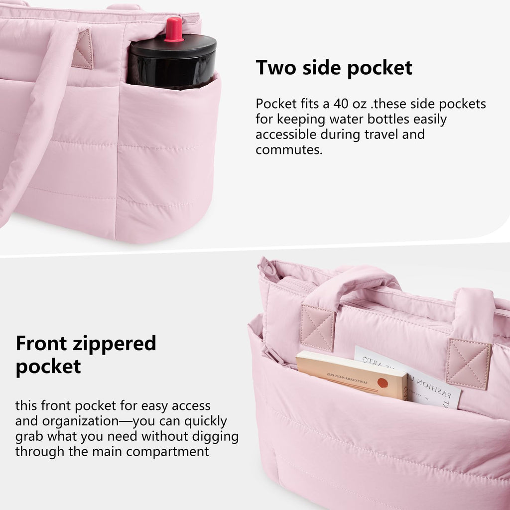 Puffer Tote Bag for Women Quilted Nurse Bag Lightweight Work Bag for Teacher Travel Handbag with Multiple Pockets, Light Pink, 16.3 x 6.3 x 12 inches