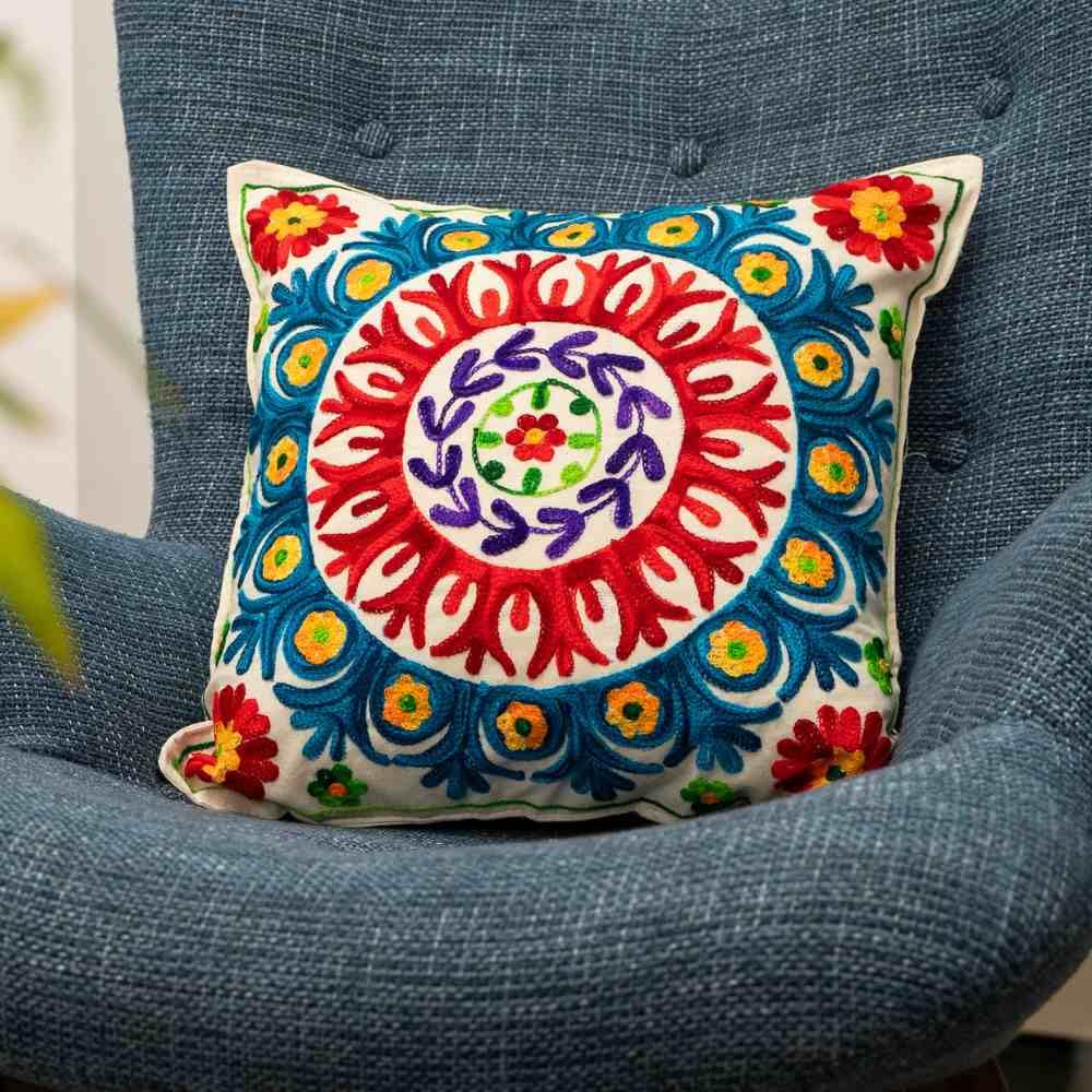 ATRANGI STUDIO Embroidered Cushion Covers - Set of 2 | Traditional Aari Embroidery | Threadwork Throw Pillow Covers with Zip Closure | Perfect for Sofa, Bed, Chair | 16x16 Inch, Multicolor