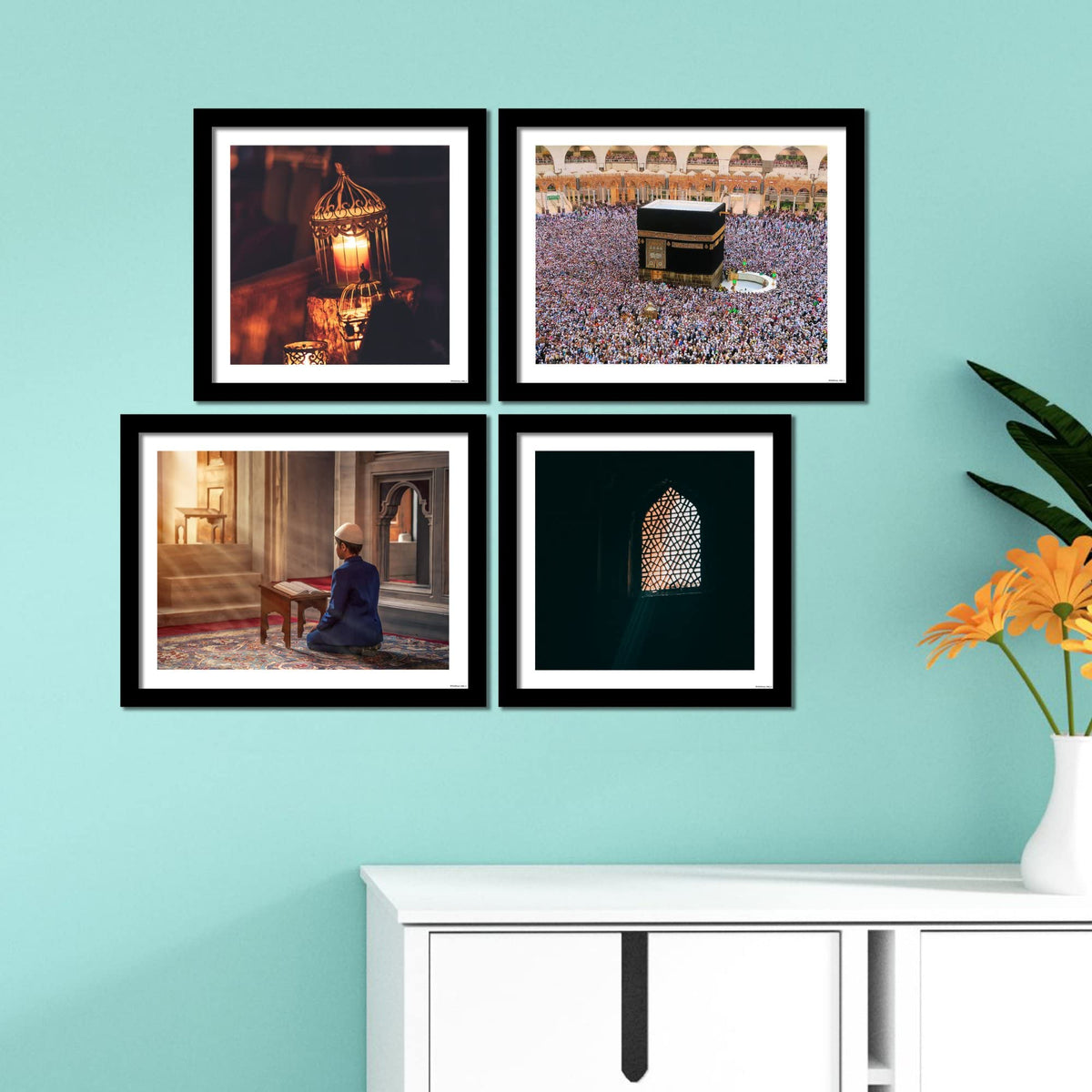 VIBECRAFTS Muslim Pilgrimage Praying & Kaaba 4 Pieces For Office Digital Reprint Posters with Synthetic Wooden Frame Home, Office Decorative Gift Item(15 inch x 12 inch)(PFVC4Pcs3_1503)