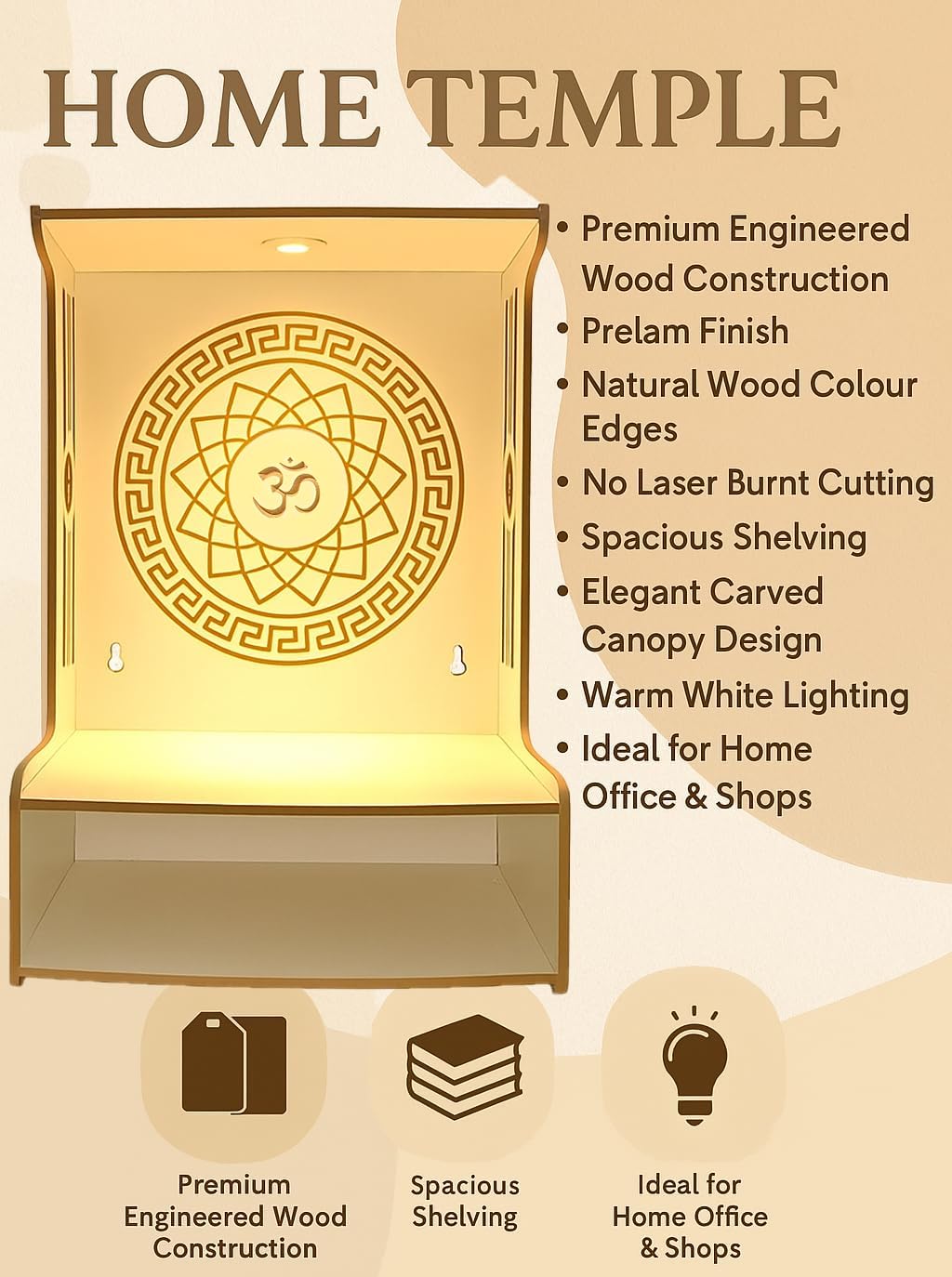 Alpine Willow Wooden Temple for Home Wall Mounted/Free Standing I Pooja mandir for Home Small Size I Wooden mandir I Puja ghar with LED Light | Temple for Office I Devghar (H-18, W-12, D-12 inch)
