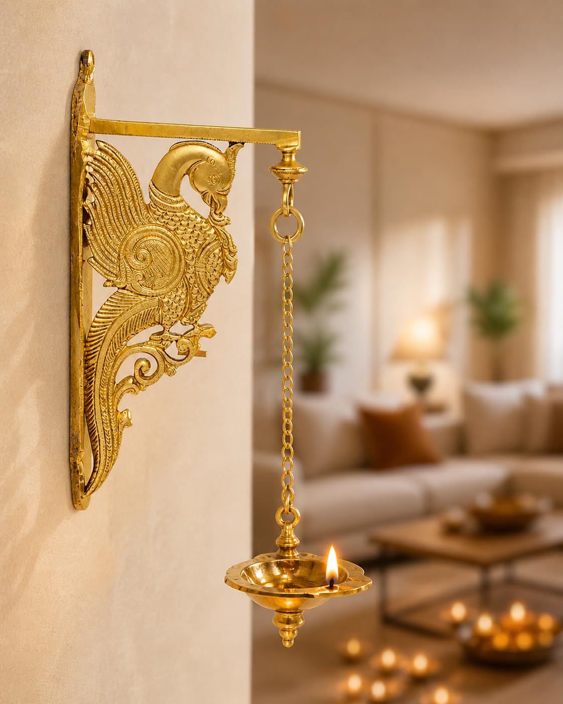 ARTVARKO Pure Brass Traditonal Parrot Design Hook Holder for Wall Lantern Chain Bells Diya Home Decor 12 Inches