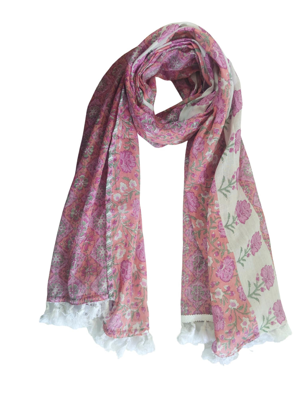 Women's Cotton Scarf, Pink Floral Print, Lightweight with Fringe Detail