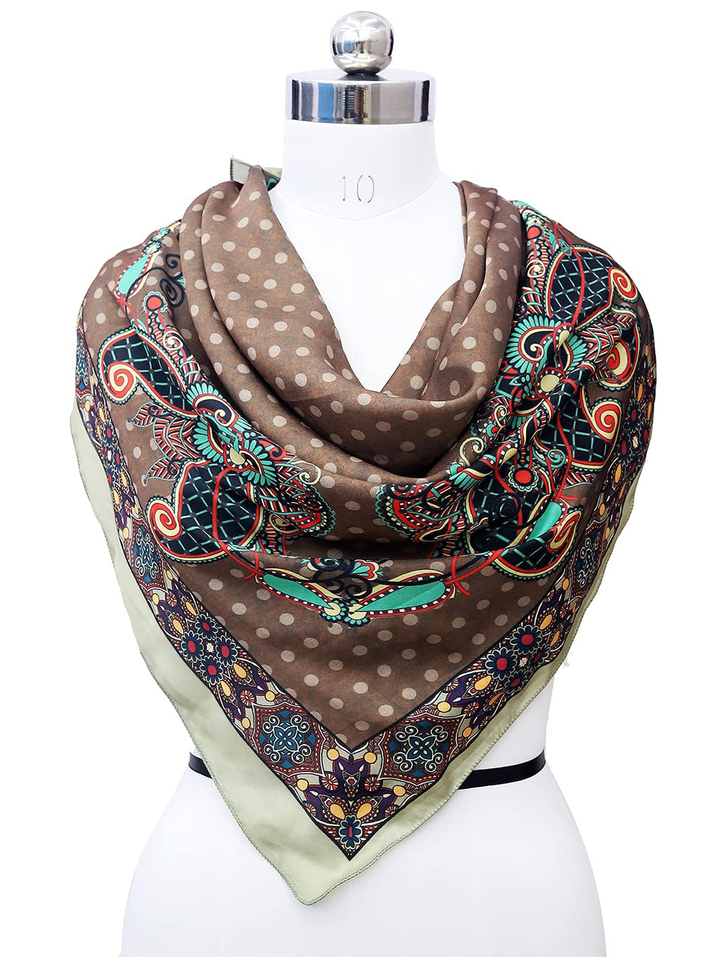 leeza store Women's Silk Scarf For Women, Taupe Brown Digital Printed, Floral Paisley Motifs With Polka Dots, 40 X 40 Stylish Stole & Headscarf