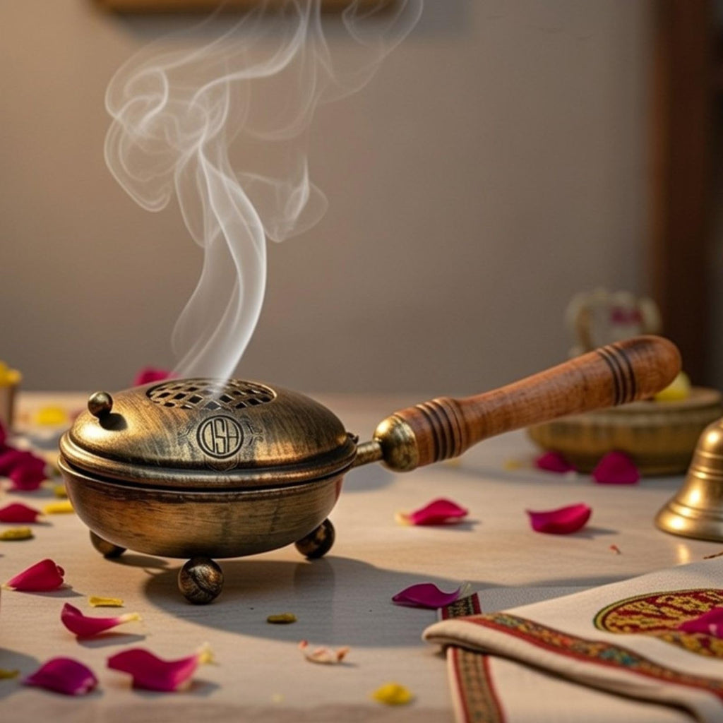 DSH Home Purifying Hand-Loban Incense Burner, Loban Burner with Handle, Dhoop Dhuni Burner Sambrani Dhoop, Resin & Home Office Temple Prayer Butler (Antique)