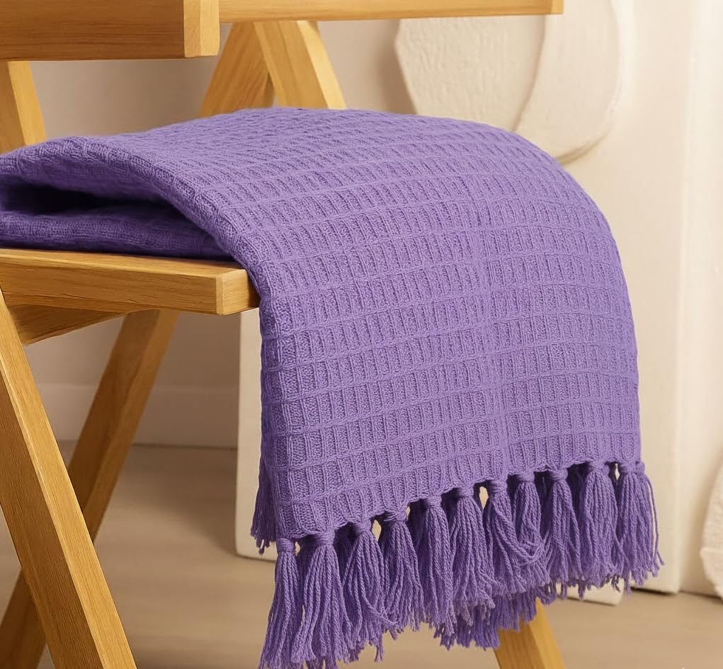 Furnistitchs Bohemian Cotton Sofa Throw Blanket 50x60 inches | Waffle Knit & Chevron Pattern with Fringes | Aesthetic Decorative Couch Throw for Living Room & Bedroom (Lavender Purple) Kafalo